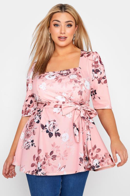  dla puszystych YOURS LONDON Curve Pink Floral Peplum Top
