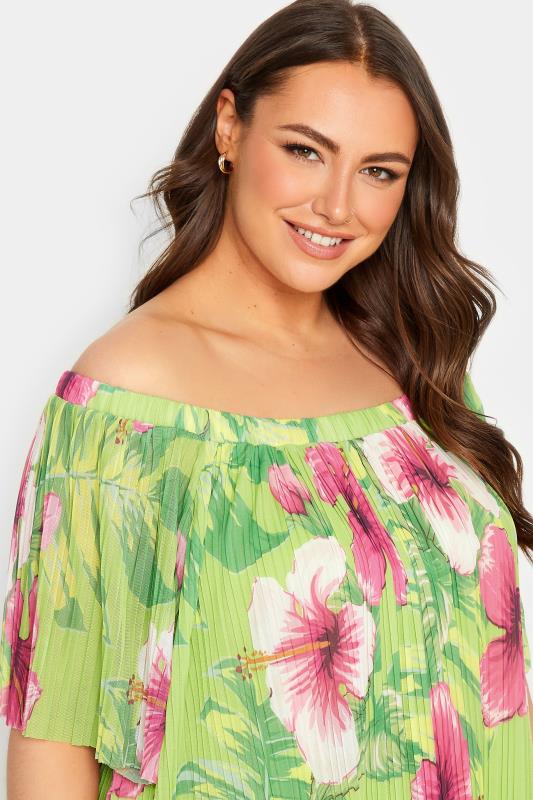 YOURS Curve Green Floral Double Layer Mesh Bardot Top | Yours Clothing  4