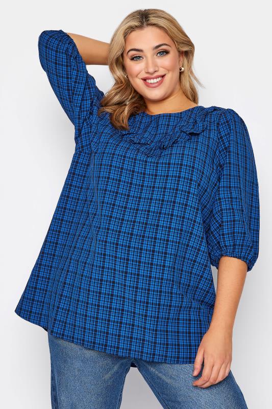 LIMITED COLLECTION Curve Royal Blue Chevron Frill Check Top 1