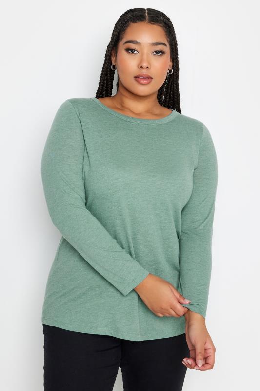 YOURS Plus Size Green Marl Long Sleeve Top | Yours Clothing 1