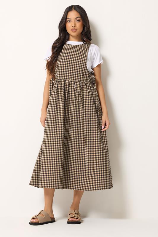 PixieGirl Petite Women's Brown Gingham Tie Side Pinafore Dress | PixieGirl 1