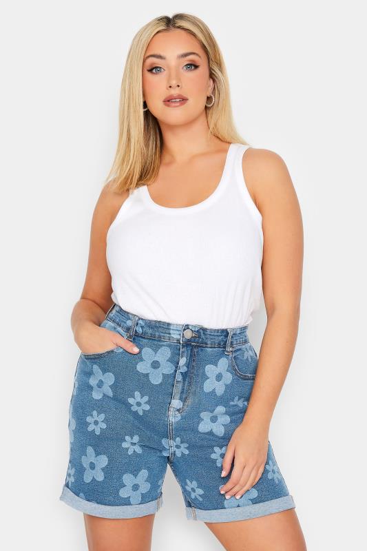 YOURS Plus Size Blue Floral Print Stretch Denim Shorts | Yours Clothing 2