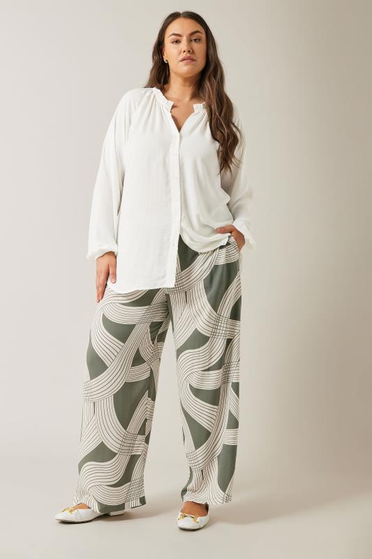 EVANS Plus Size Olive Green Linear Print Wide Leg Trousers | Evans 2