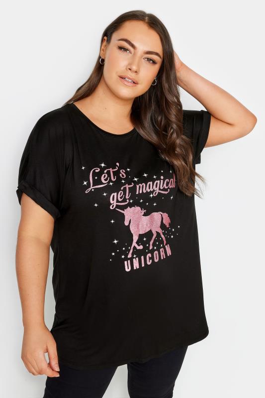 Plus Size  YOURS Curve Black Unicorn Magic Glitter Embellished T-Shirt