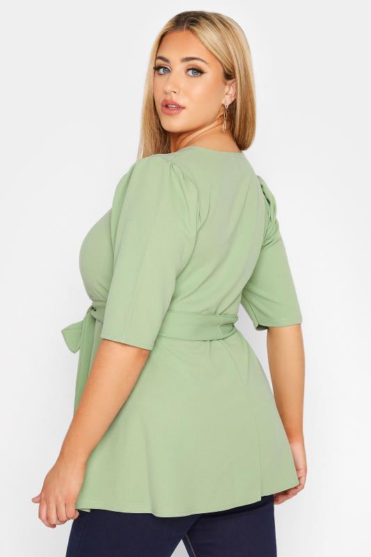 YOURS LONDON Plus Size Sage Green Notch Neck Peplum Top | Yours Clothing 3
