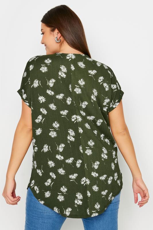 YOURS Plus Size Khaki Green Floral Print Notch Neck Blouse | Yours Clothing 3