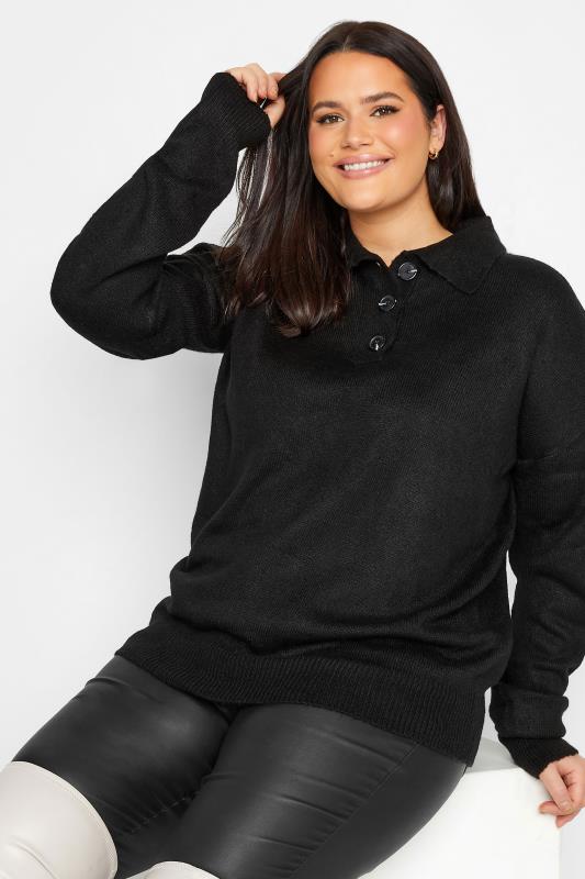 Grande Taille LTS Tall Black Button Placket Knitted Jumper