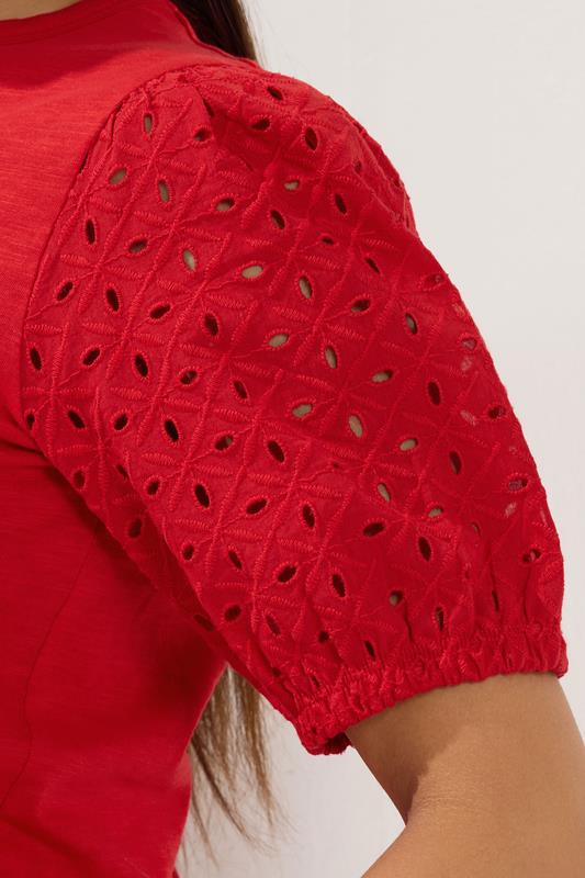 M&Co Petite Red Broderie Cotton Puff Sleeve Top | M&Co 4