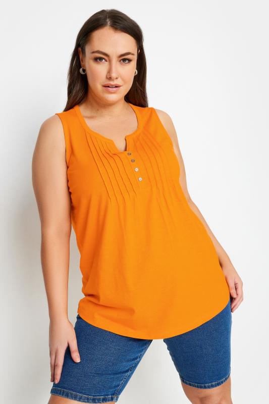 YOURS Plus Size Orange Pintuck Henley Vest Top | Yours Clothing 1