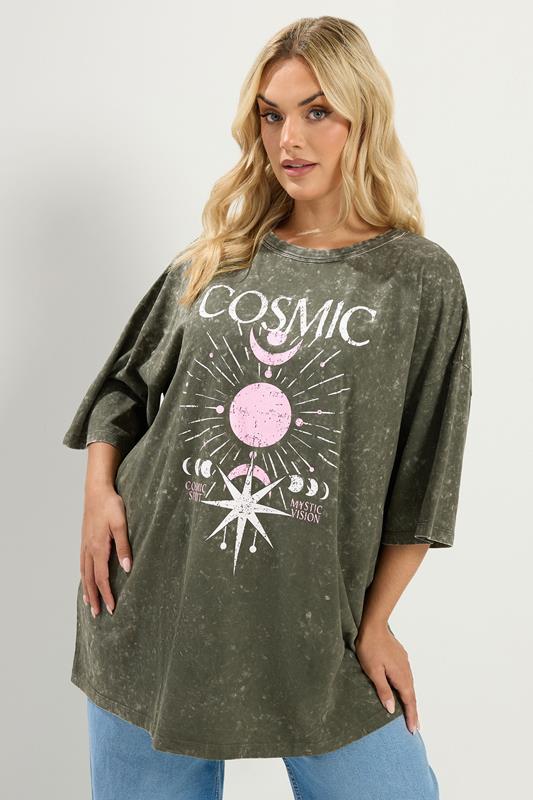  YOURS Curve Green Acid Wash 'Cosmic' Oversized T-Shirt