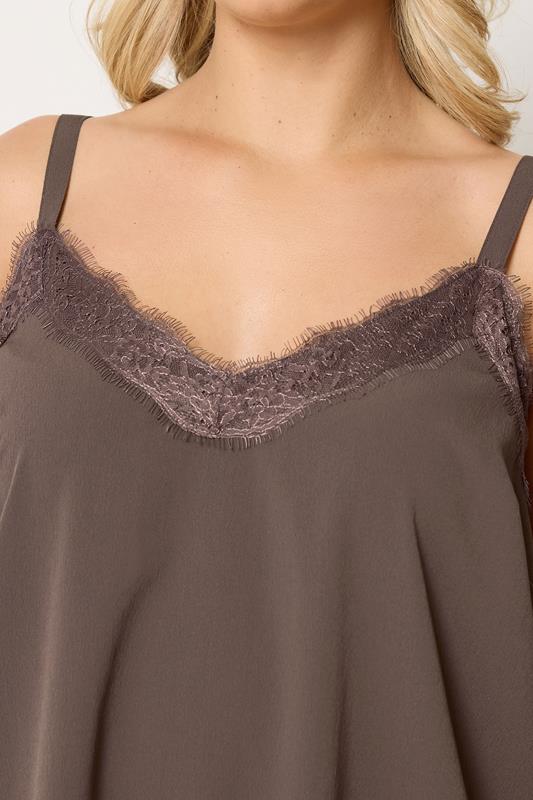 YOURS Plus Size Chocolate Brown Lace Insert Vest Top | Yours Clothing 4