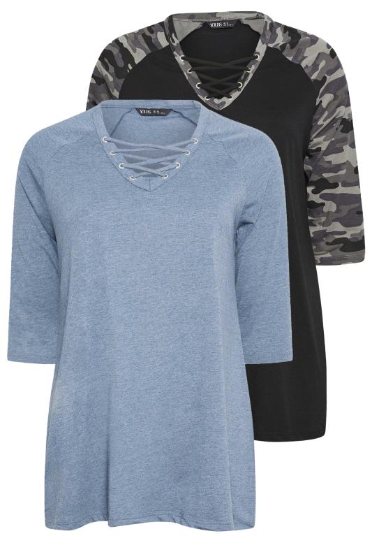 YOURS 2 PACK Plus Size Blue & Black Camo Print Lace Up Eyelet Tops | Yours Clothing 7