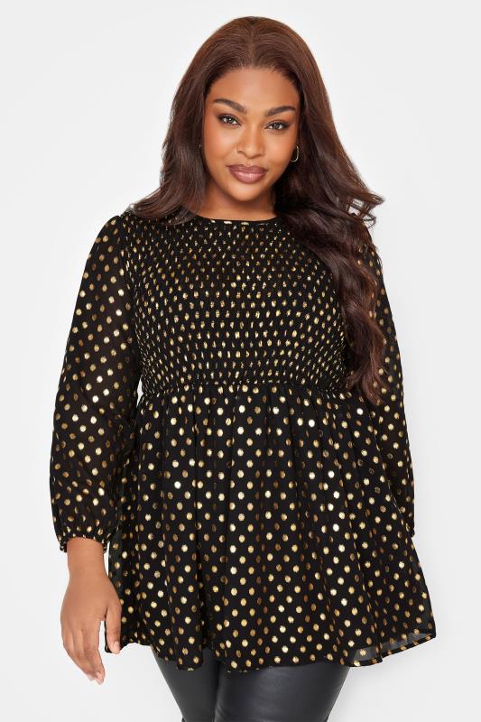 Plus Size Black & Gold Metallic Spot Print Shirred Peplum Top | Yours Clothing 1