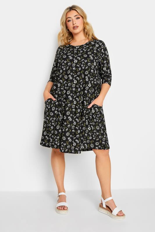 YOURS Plus Size Black Daisy Print Drape Pocket Mini Dress | Yours Clothing 2