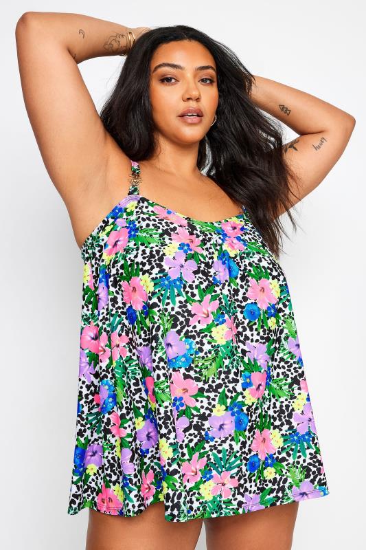 YOURS Plus Size White Floral Dalmatian Print Tankini Top | Yours Clothing 1