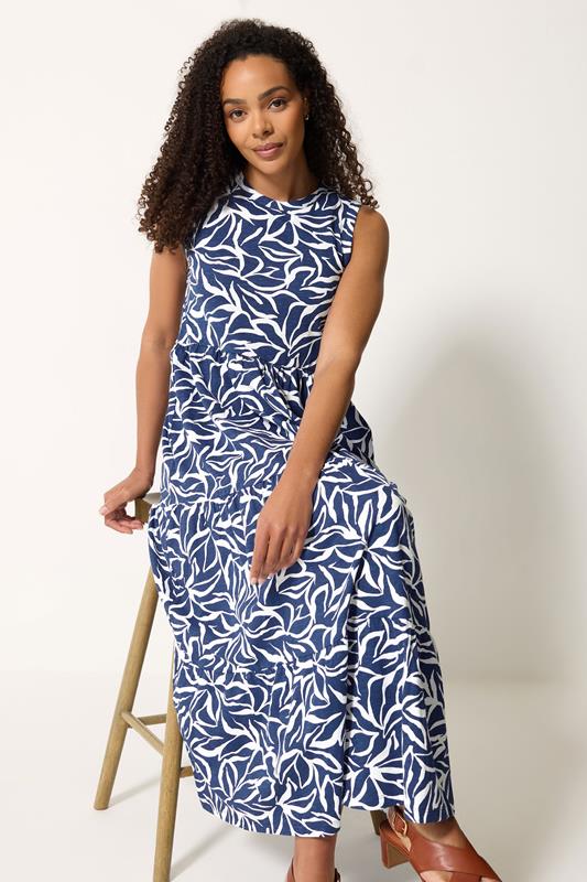 M&Co Navy Blue Abstract Print Cotton Tiered Maxi Dress | M&Co 2