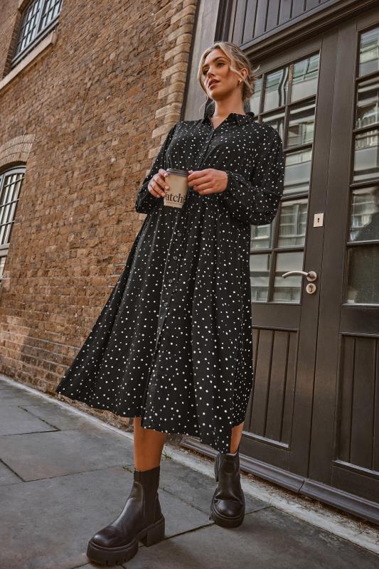 YOURS Plus Size Black Spot Print Long Sleeve Midaxi Shirt Dress | Yours Clothing 1