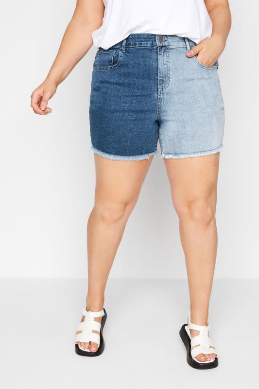 Plus Size Blue Two Tone Denim Mom Shorts | Yours Clothing 3
