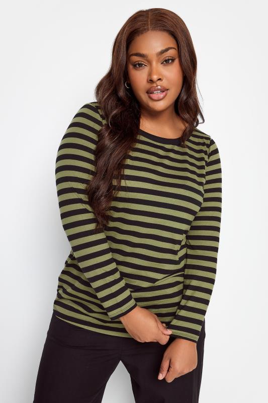 YOURS 2 PACK Plus Size Khaki Green & Beige Stripe Print Long Sleeve T-Shirts | Yours Clothing 2