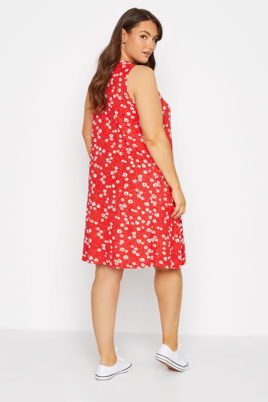 Curve Red Daisy Print Drape Pocket Dress 2