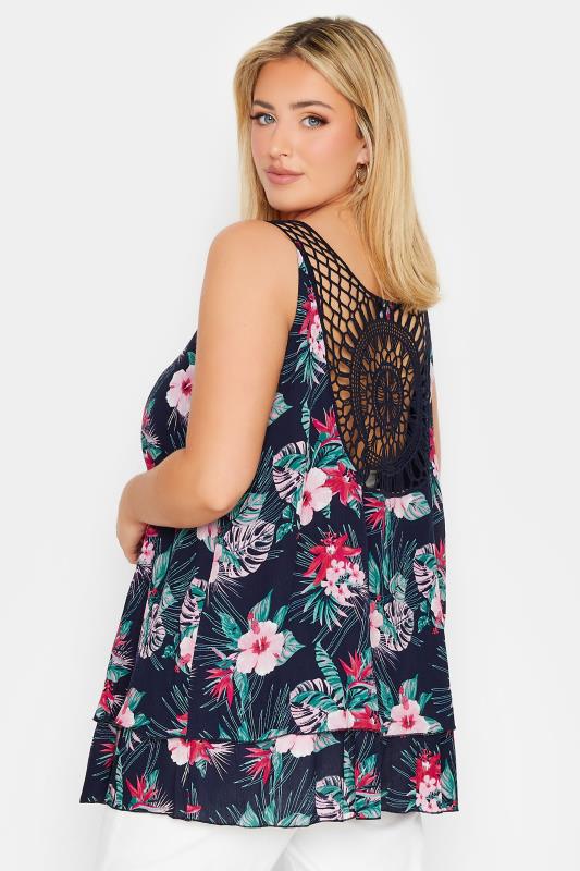 YOURS Plus Size Navy Blue Floral Crinkle Crochet Back Vest Top | Yours Clothing 3