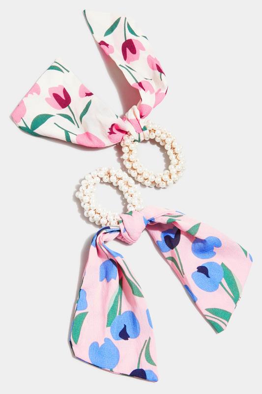  dla puszystych 2 PACK Pink & Cream Pearl Floral Print Scrunchie Set