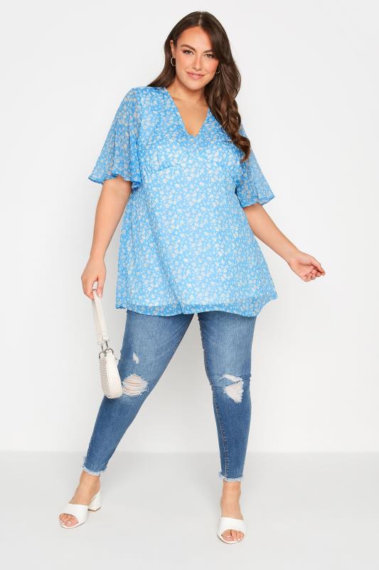 Plus Size Blue Daisy Print Back Tie V-Neck Top | Yours Clothing 2