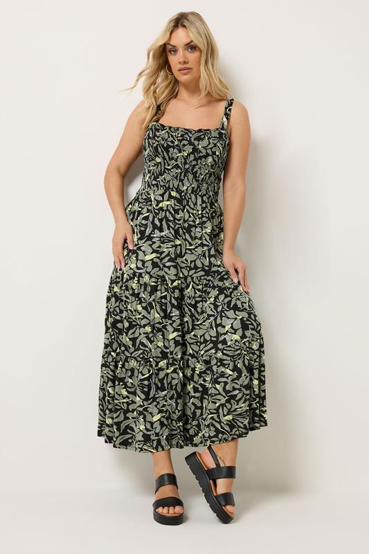 YOURS Plus Size Black Shirred Floral Midi Dress | Yours Clothing 1