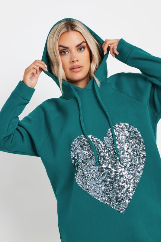 YOURS Plus Size Teal Blue Sequin Embellished Heart Hoodie Dress | Yours Clothing  2