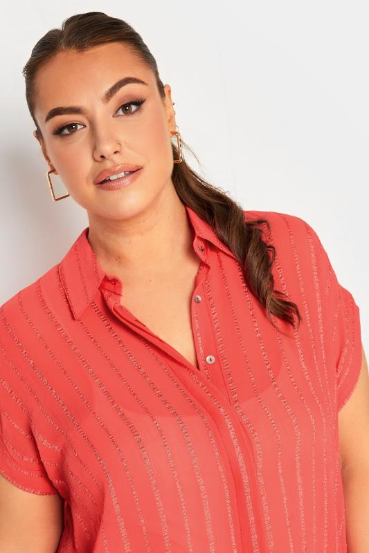 YOURS Curve Plus Size Coral Pink Short Sleeve Stripe Shirt | Yours Clothing 4
