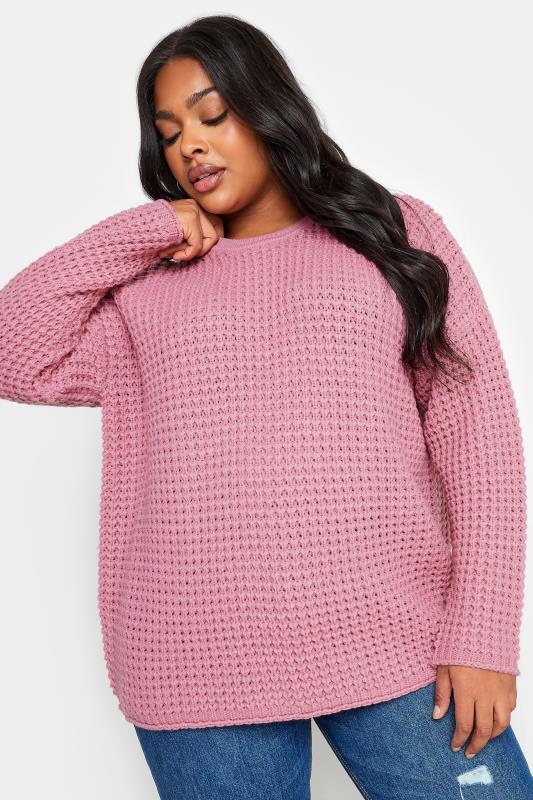 YOURS Plus Size Pink Waffle Knit Jumper | Yours Clothing 2