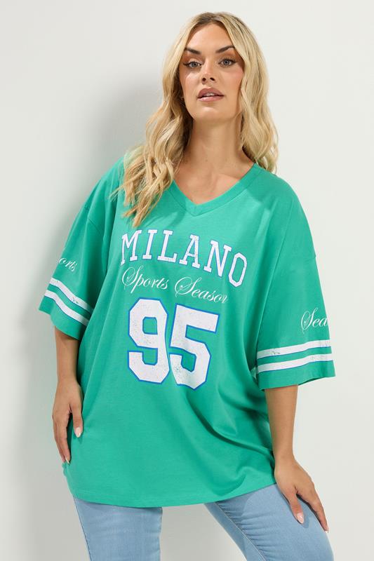 YOURS Plus Size Green 'Milano' Boxy Varsity T-Shirt | Yours Clothing 1