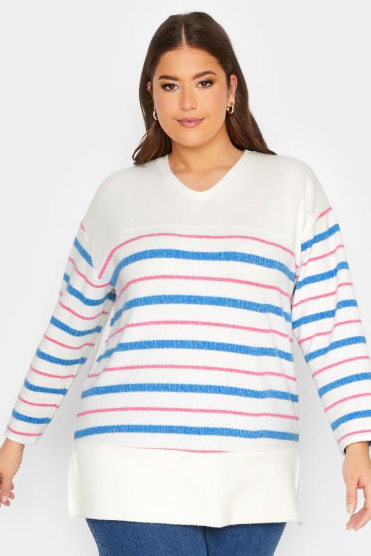 YOURS LUXURY Plus Size White & Pink Stripe Soft Touch Jumper | Yours Clothing 2