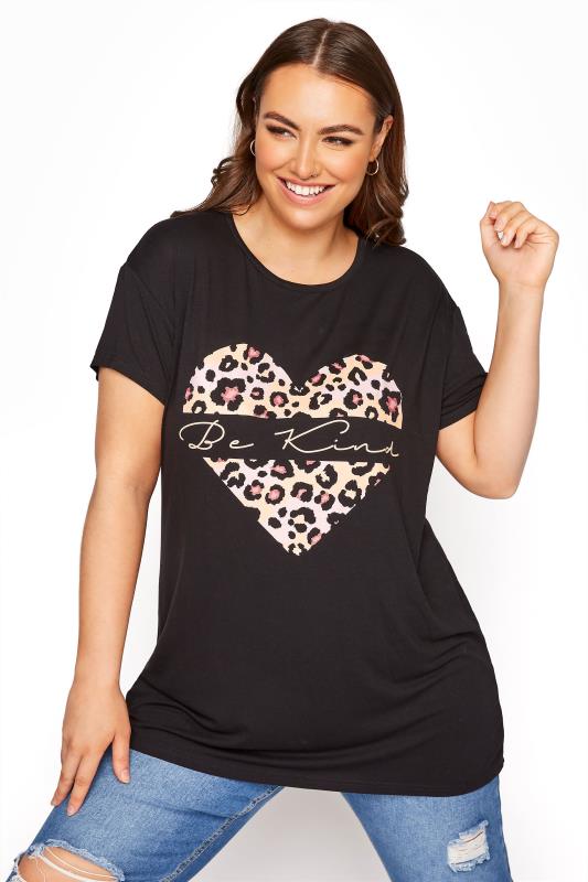 LIMITED COLLECTION Black 'Be Kind' Leopard Heart T-Shirt | Yours Clothing 1
