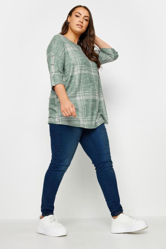 YOURS Plus Size Green Check Soft Touch Button Detail Top | Yours Clothing 2