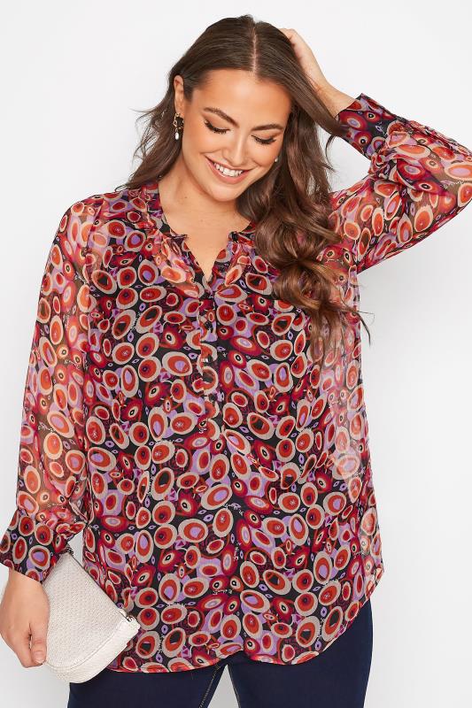 Plus Size  YOURS Curve Black & Red Retro Swirl Print Balloon Sleeve Shirt