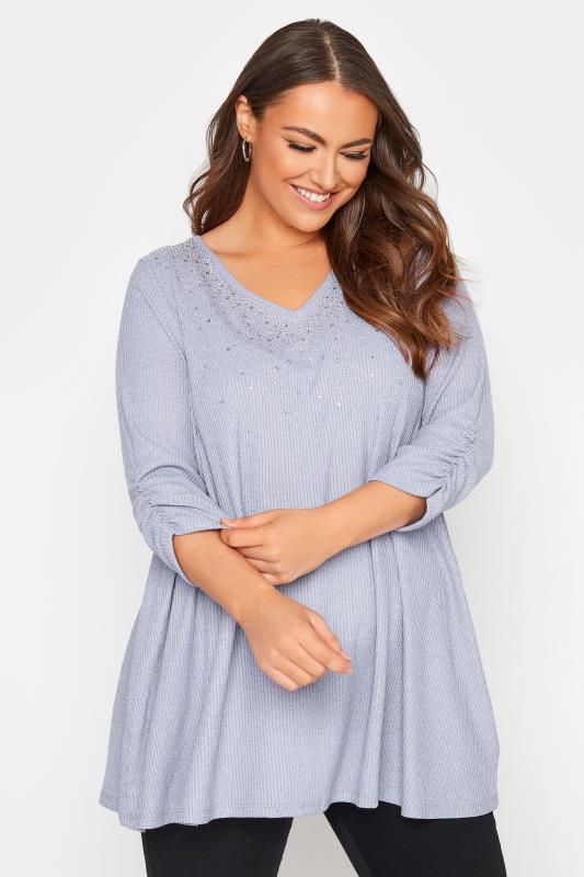 Plus Size  Curve Blue Stud Embellished Knitted Swing Top