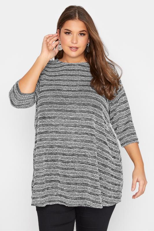 Plus Size  Grey Stripe 3/4 Length Sleeve Top