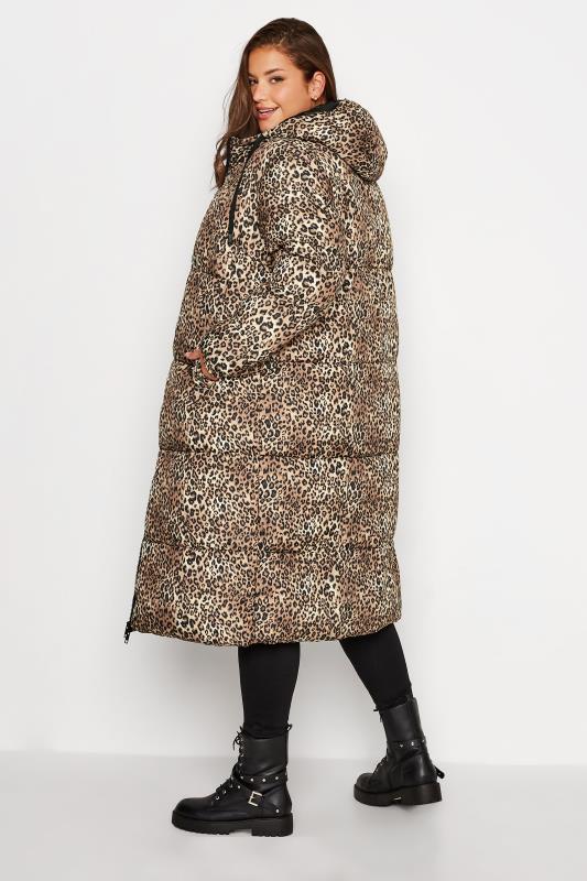 Plus Size Brown Leopard Print Hooded Puffer Maxi Coat | Yours Clothing 3