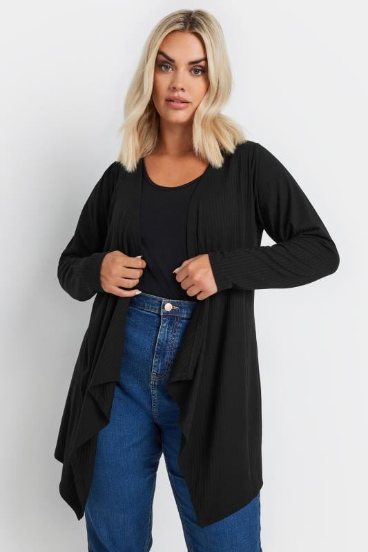 Plus Size  YOURS Curve Black Ribbed Waterfall Cardigan