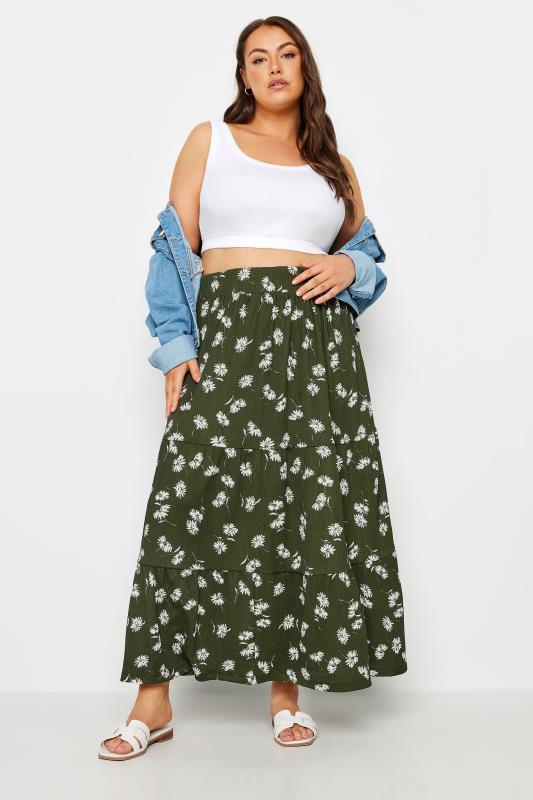 YOURS Plus Size Green Floral Print Tiered Maxi Skirt | Yours Clothing 2