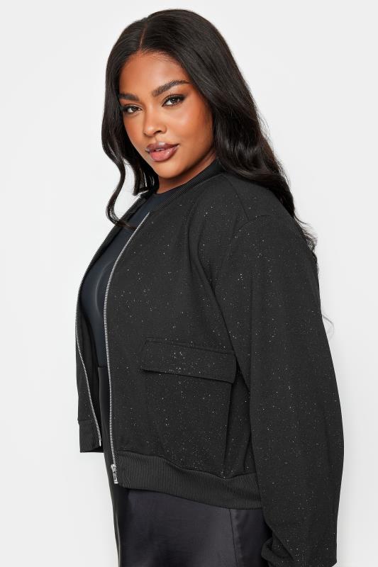 YOURS Plus Size Black Glitter Formal Bomber Jacket | Yours Clothing 5