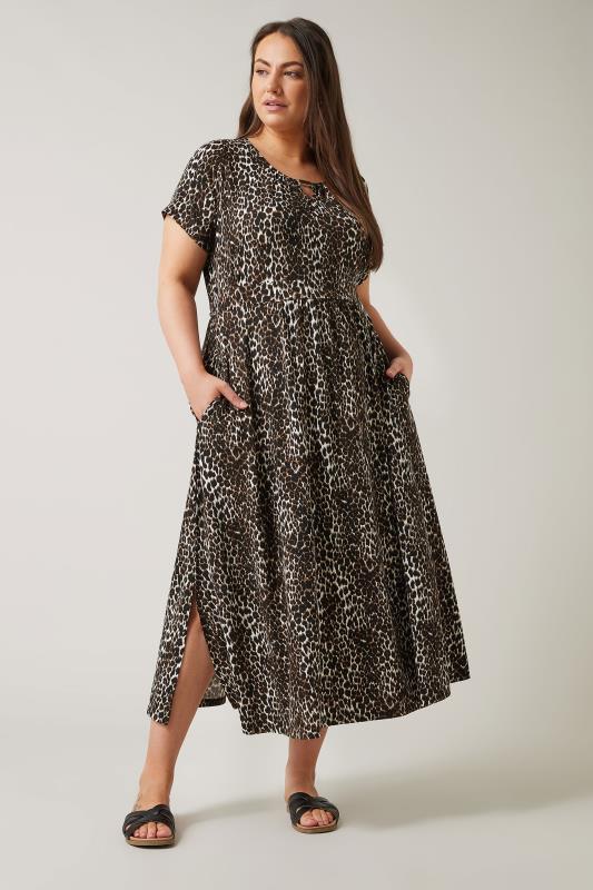 EVANS Plus Size Brown Leopard Print Midaxi Dress | Evans 1