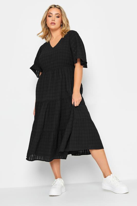 LIMITED COLLECTION Plus Size Black Textured Tiered Smock Dress | Yours Clothing 1