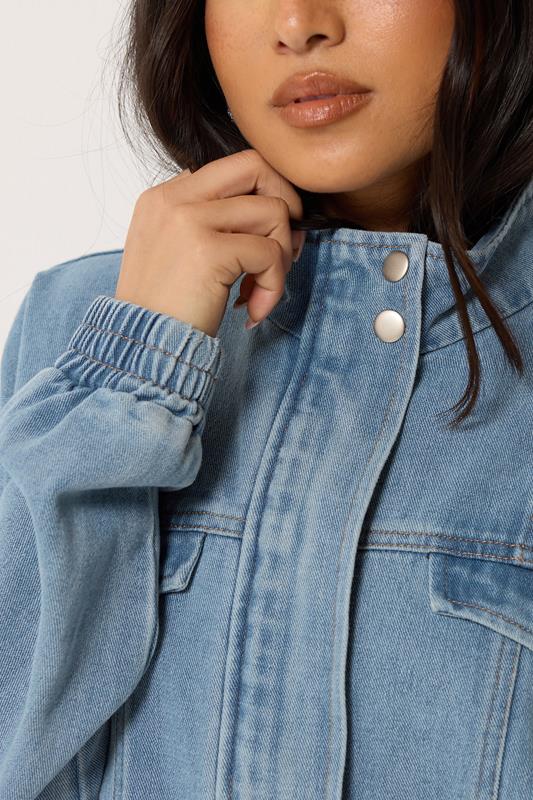 PixieGirl Petite Women's Mid Blue Funnel Neck Denim Trucker Jacket | PixieGirl 4