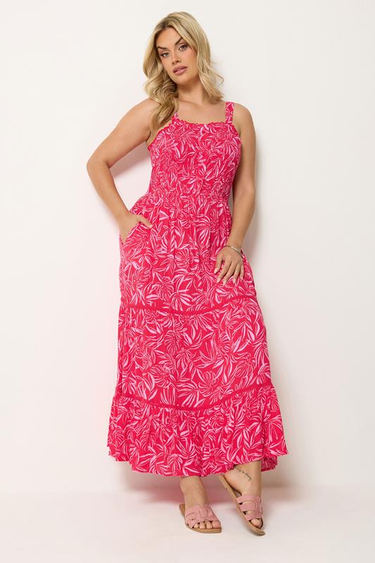 YOURS Plus Size Red Leaf Print Tiered Maxi Dress | Yours Clothing 1