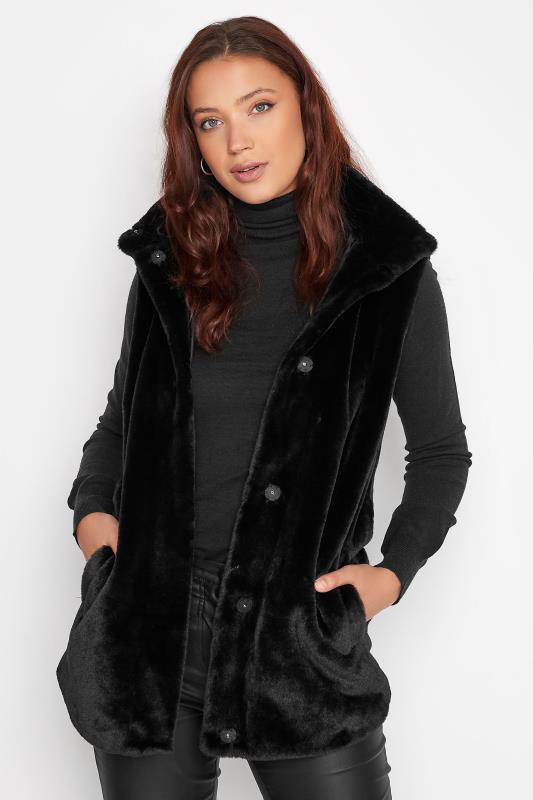 LTS Tall Black Faux Fur Hooded Gilet 1