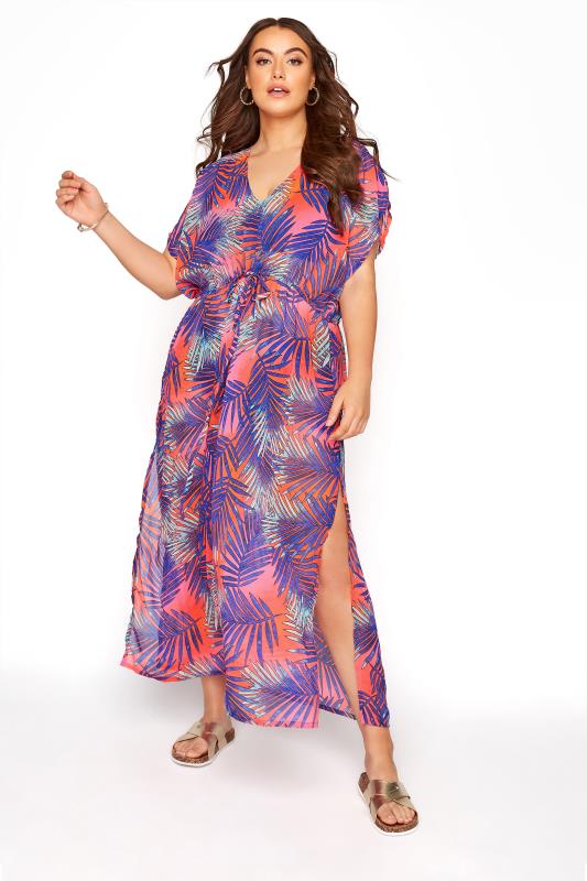 Kaftans & Cover Ups Neon Mulitcoloured Tropical Leaf Maxi Cover Up