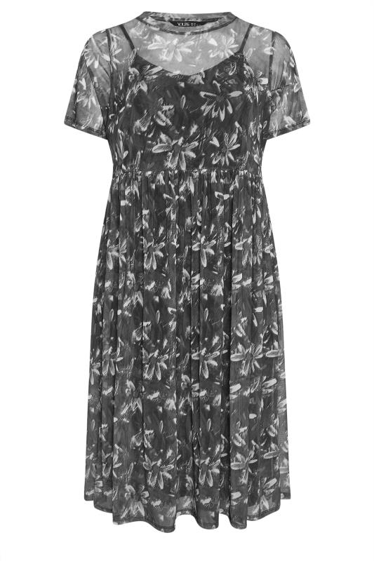 YOURS Plus Size Black & White Floral Print Mesh Smock Dress | Yours Clothing 6