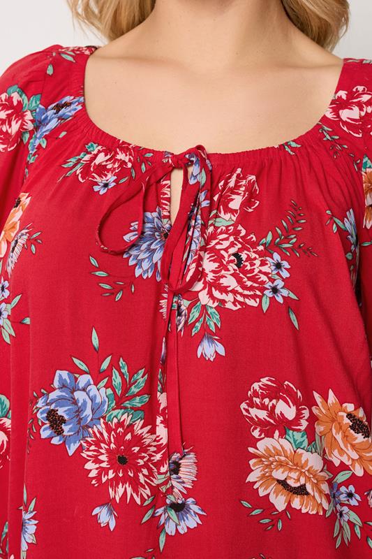 YOURS Plus Size Red Floral Tie Neck Blouse | Yours Clothing 4